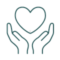 Illustration von Händen, die ein Herz halten – Symbol für Menschlichkeit, Wertschätzung und psychologische Begleitung.